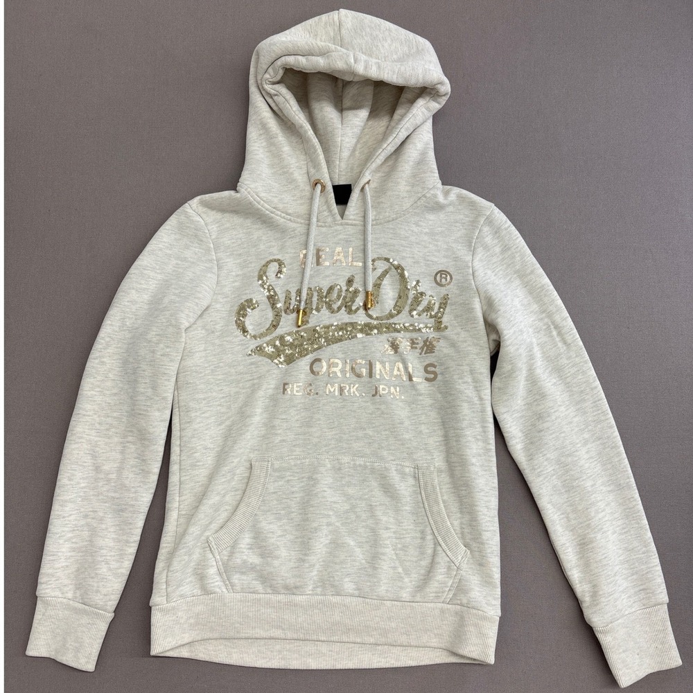 Superdry Womens Sequin Logo Hoodie Oatmeal Heather Grey Gold Originals W2010438A